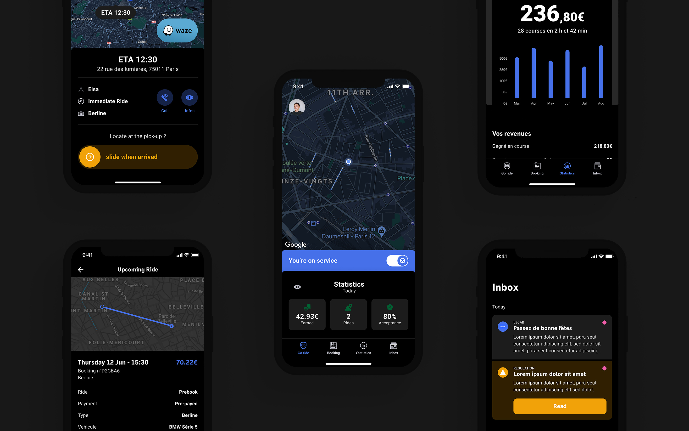 LeCAB driver application dark interface screens