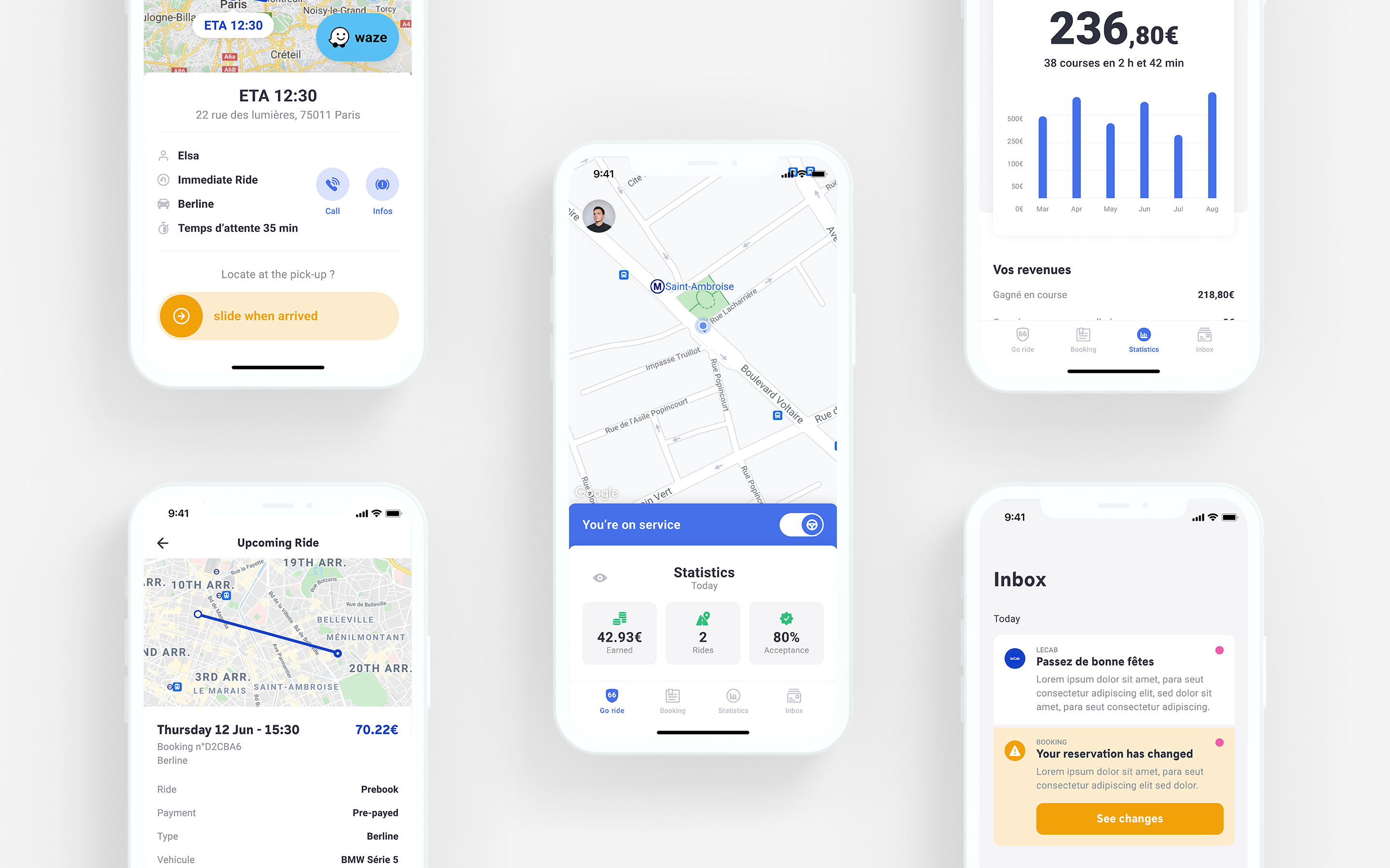 LeCAB rider application booking and ride screens